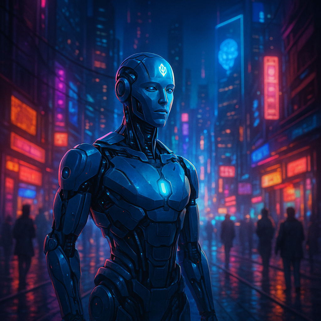 Ciudad futurista nocturna con luces neón y hologramas de inteligencia artificial