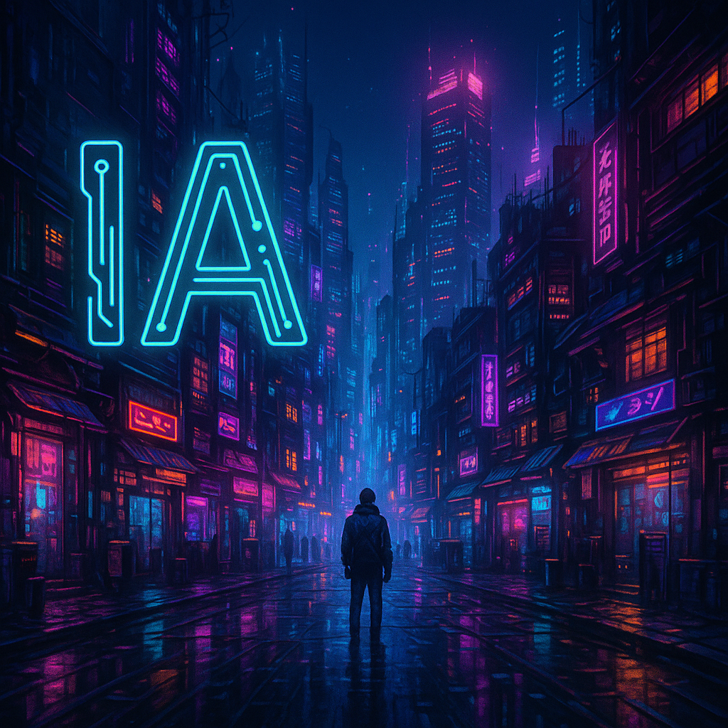 Persona observando interfaces holográficas de IA en una ciudad futurista