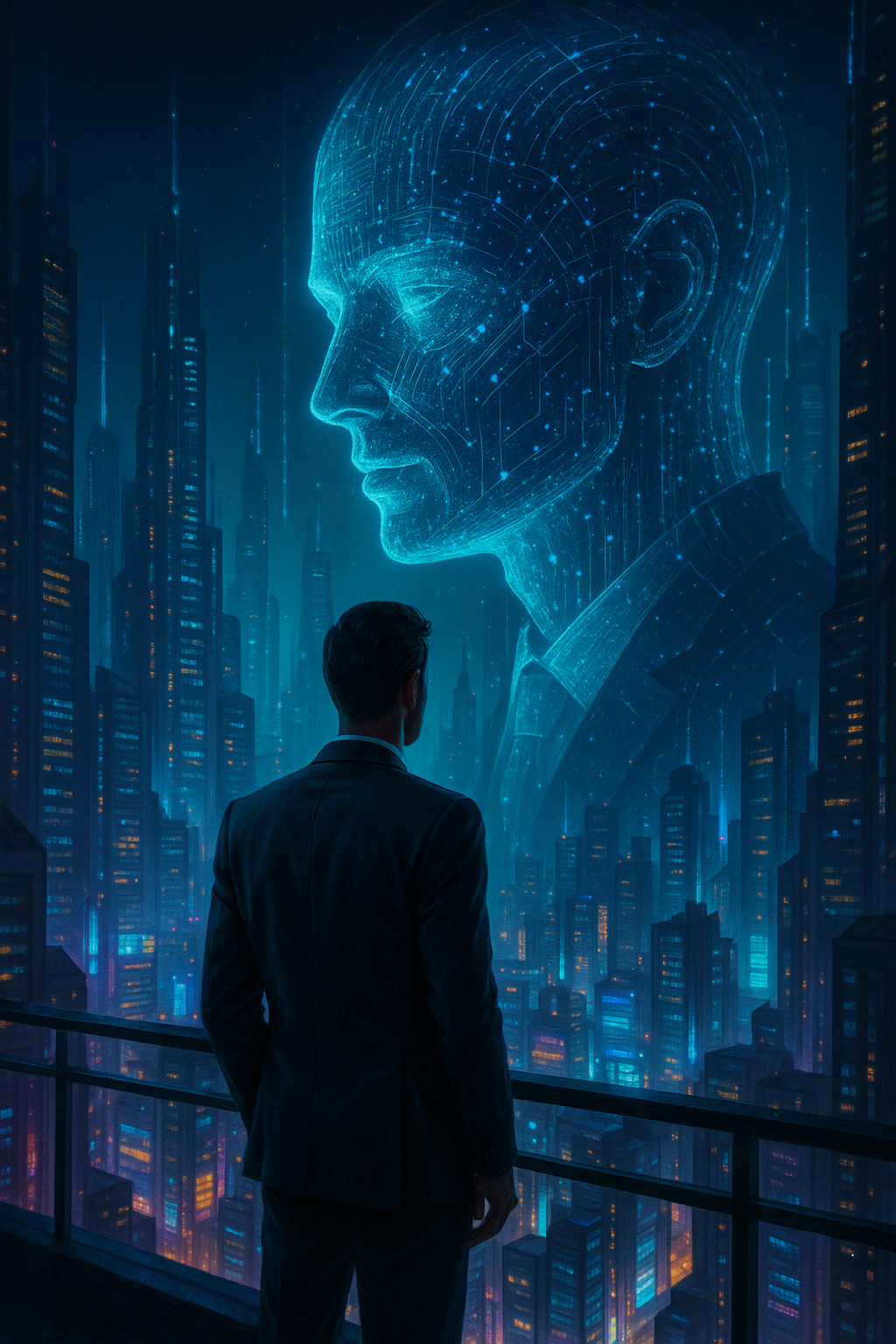 Escena futurista de oficina con personas y robots colaborando en un entorno digital